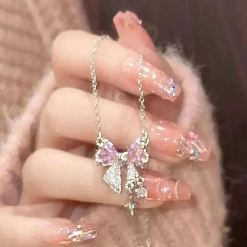 Collier Nœud Papillon Cristal Rose Y2K