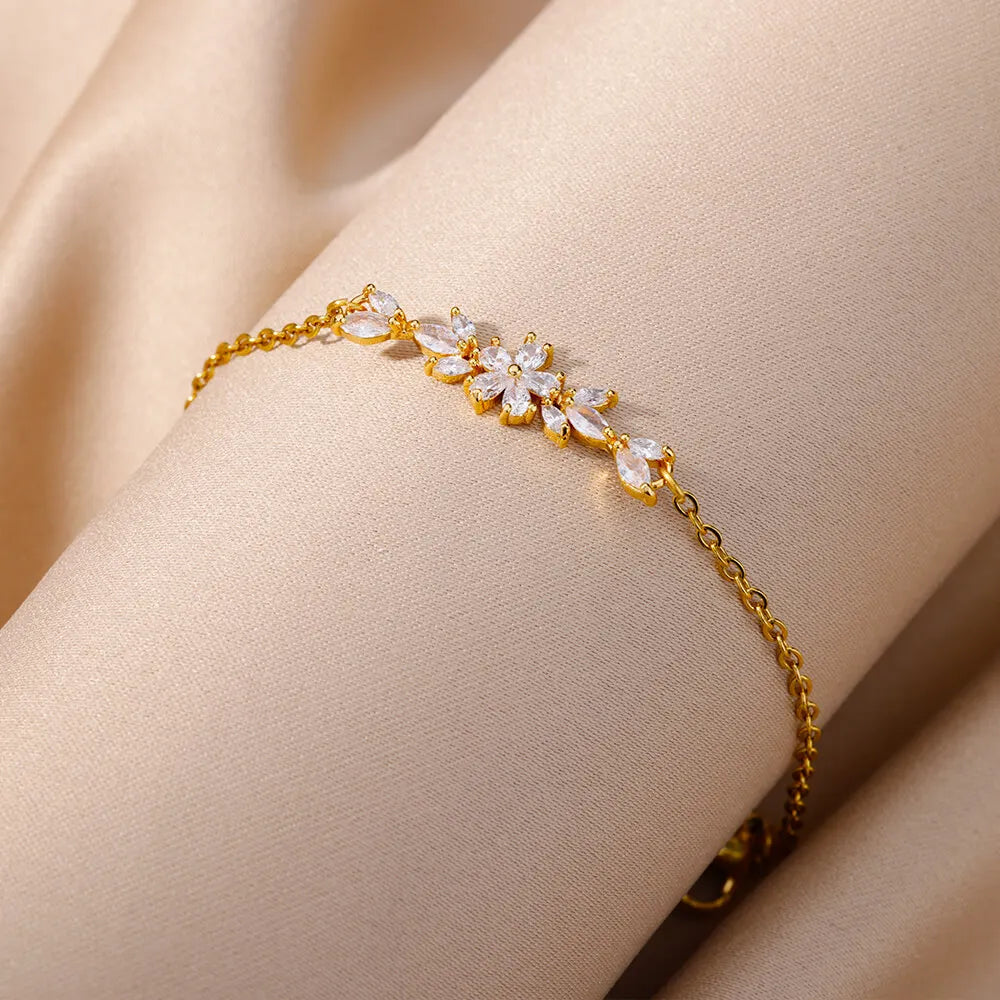 Bracelet Fleurs Zircon Doré Acier Inoxydable