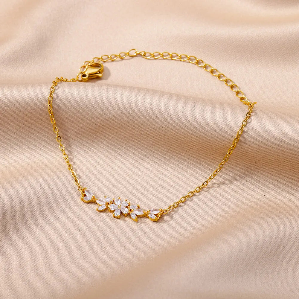 Bracelet Fleurs Zircon Doré Acier Inoxydable