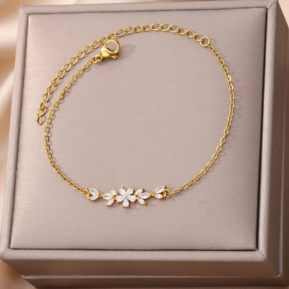 Bracelet Fleurs Zircon Doré Acier Inoxydable