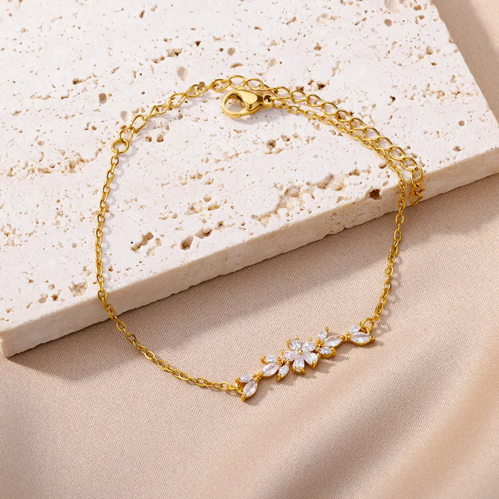 Bracelet Fleurs Zircon Doré Acier Inoxydable