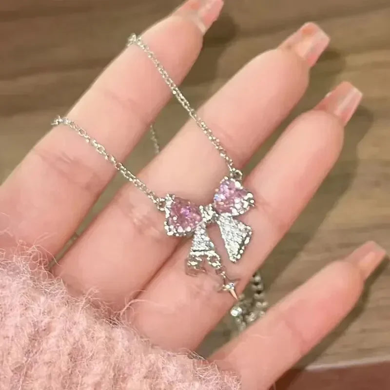 Collier Nœud Papillon Cristal Rose Y2K